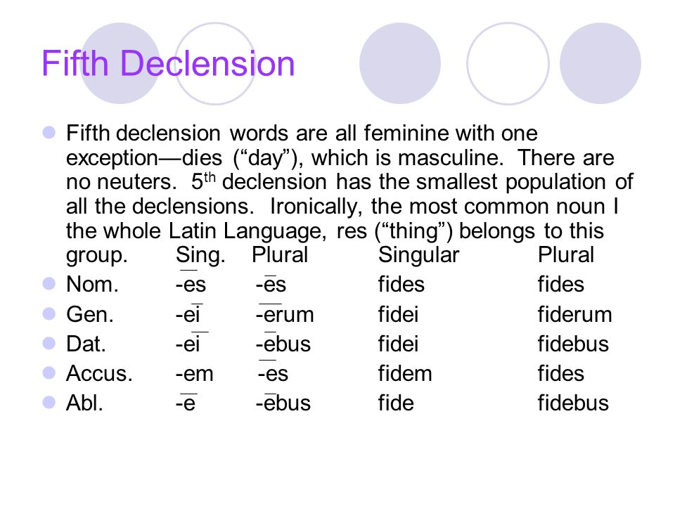 Fifth Declension Fifth declension words are all feminine with one exception—dies ( day ), which is masculine.