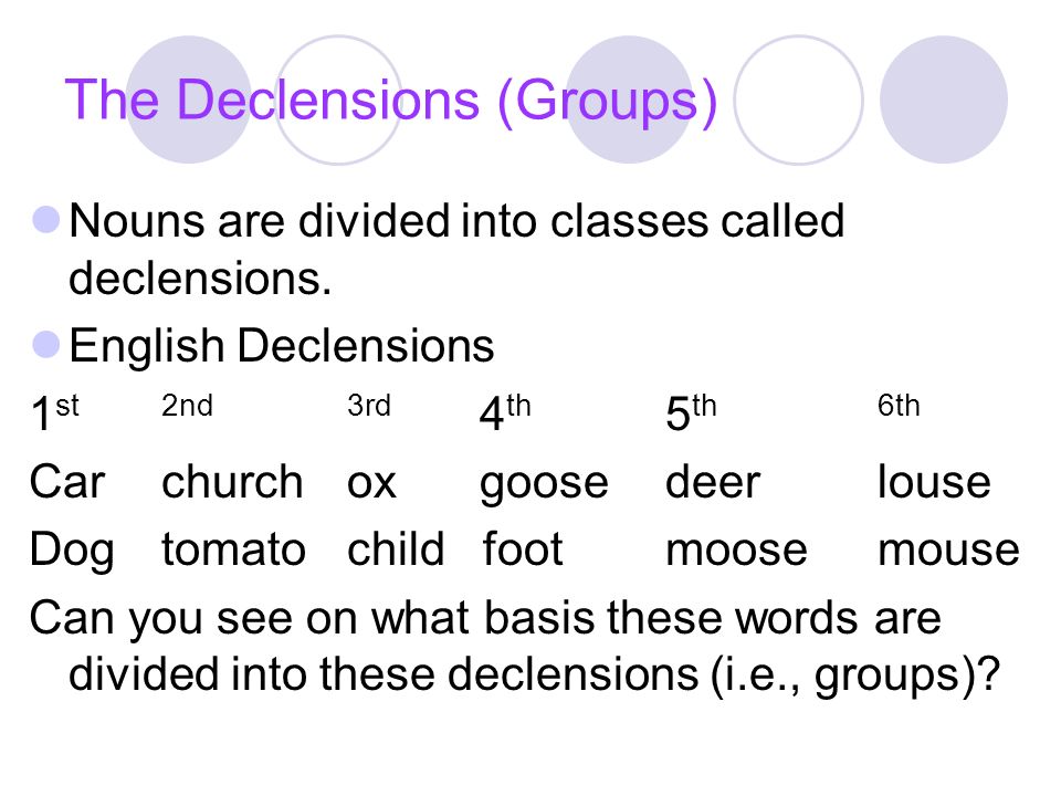 The Declensions (Groups) Nouns are divided into classes called declensions.
