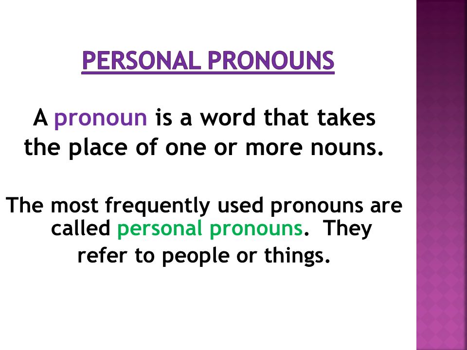 A pronoun is a word that takes the place of one or more nouns.