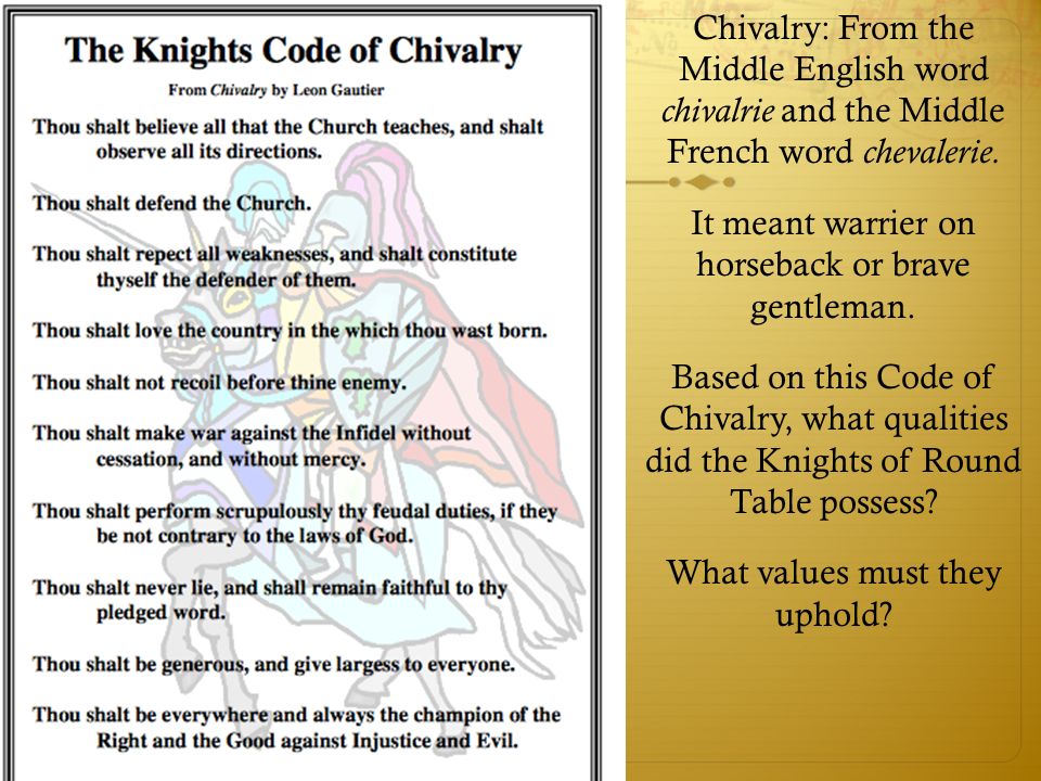Chivalry: From the Middle English word chivalrie and the Middle French word chevalerie.