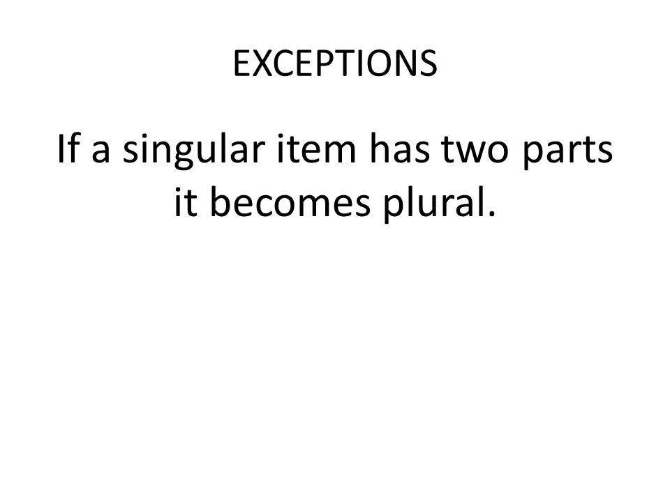 EXCEPTIONS If a singular item has two parts it becomes plural.
