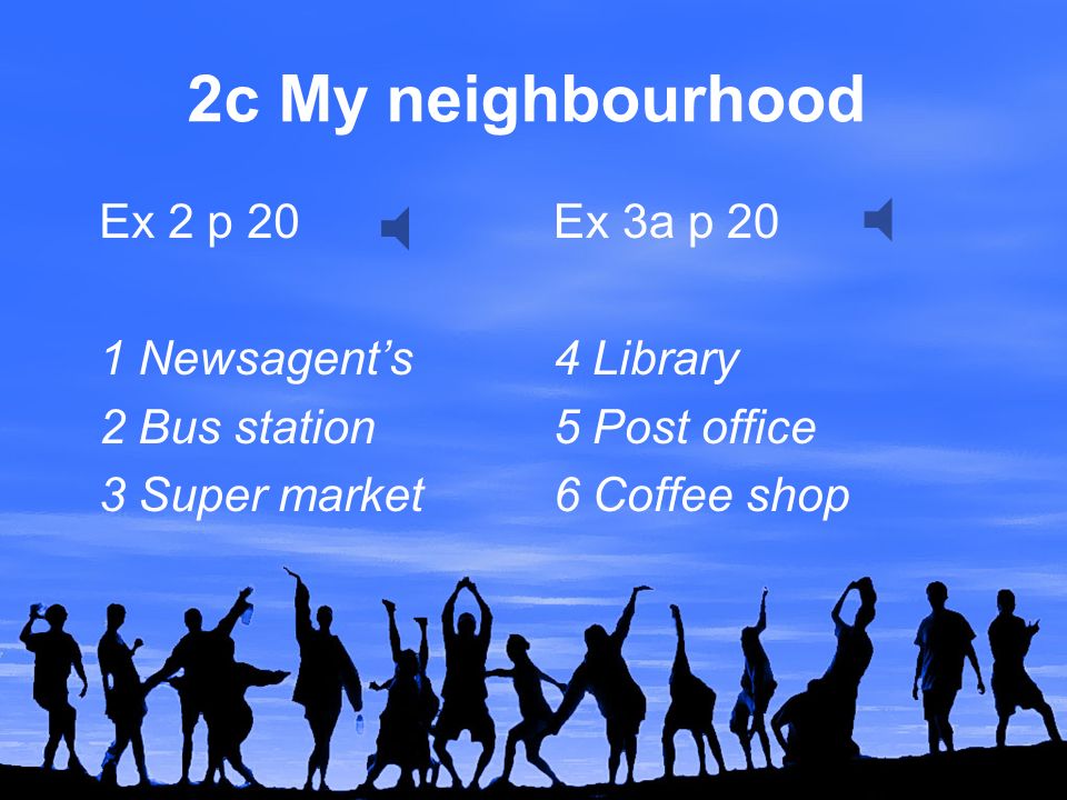 Ex 2 p 20 1 Newsagent’s 2 Bus station 3 Super market Ex 3a p 20 4 Library 5 Post office 6 Coffee shop 2c My neighbourhood
