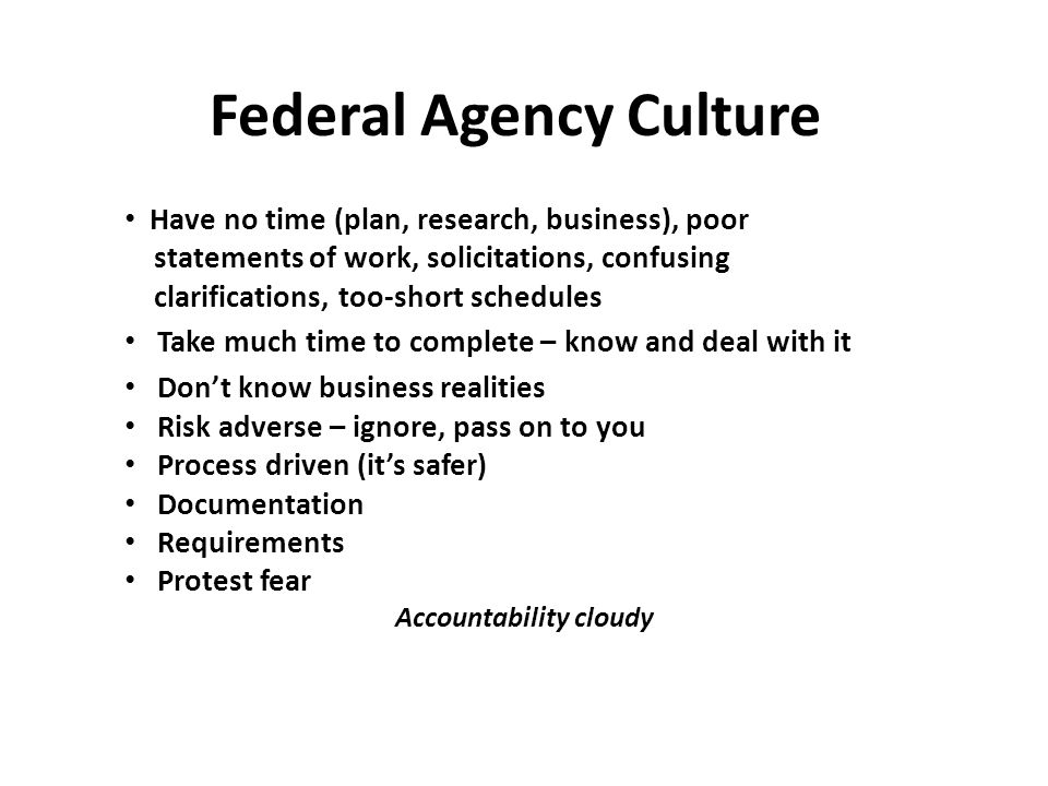 Federal Agency Culture Have no time (plan, research, business), poor statements of work, solicitations, confusing clarifications, too-short schedules Take much time to complete – know and deal with it Don’t know business realities Risk adverse – ignore, pass on to you Process driven (it’s safer) Documentation Requirements Protest fear Accountability cloudy
