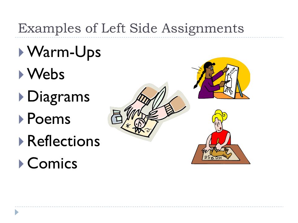 Examples of Left Side Assignments  Warm-Ups  Webs  Diagrams  Poems  Reflections  Comics