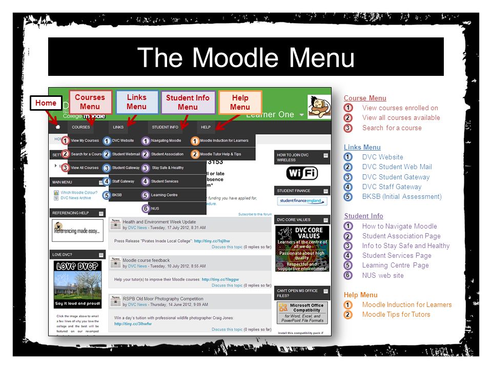 The Moodle Menu Course Menu 1.View courses enrolled on 2.View all courses available 3.Search for a course Links Menu 1.DVC Website 2.DVC Student Web Mail 3.DVC Student Gateway 4.DVC Staff Gateway 5.BKSB (Initial Assessment) Student Info 1.How to Navigate Moodle 2.Student Association Page 3.Info to Stay Safe and Healthy 4.Student Services Page 5.Learning Centre Page 6.NUS web site Help Menu 1.Moodle Induction for Learners 2.Moodle Tips for Tutors Home Courses Menu Links Menu Student Info Menu Help Menu