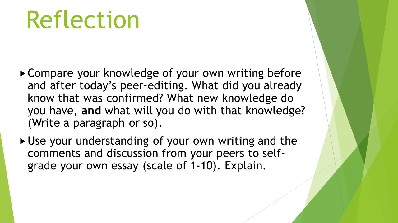 Reflection  Compare your knowledge of your own writing before and after today’s peer-editing.