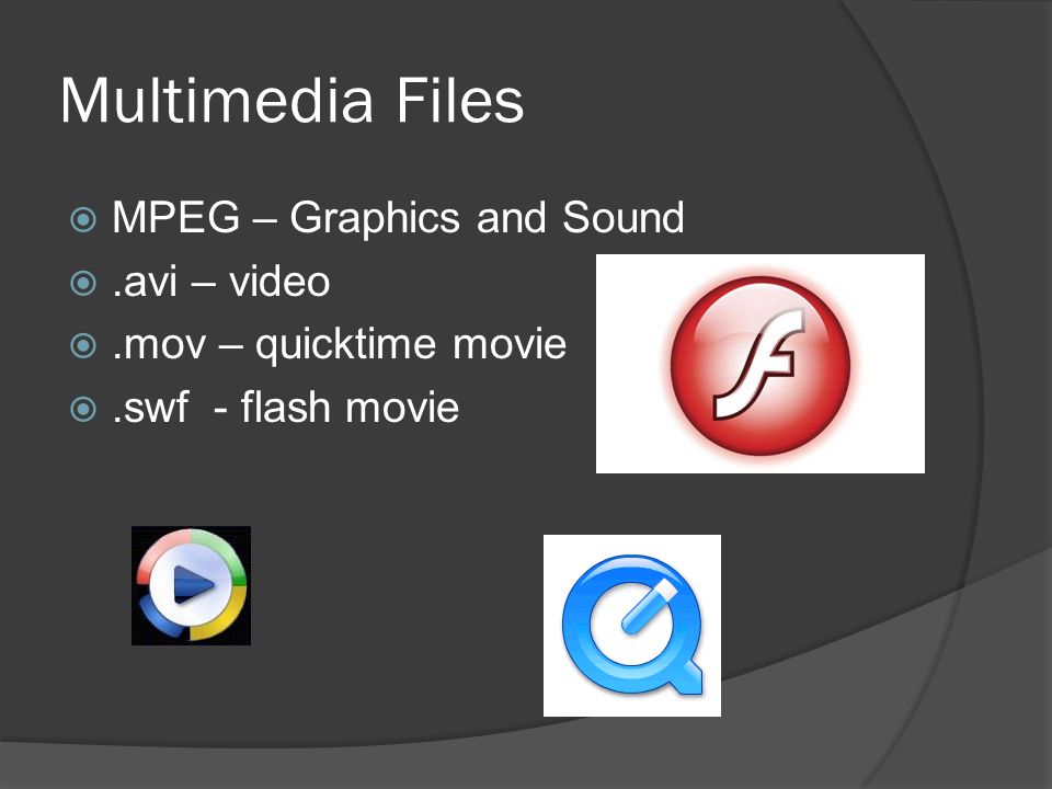 Multimedia Files  MPEG – Graphics and Sound .avi – video .mov – quicktime movie .swf - flash movie