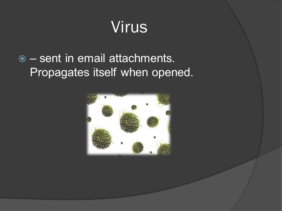 Virus  – sent in  attachments. Propagates itself when opened.