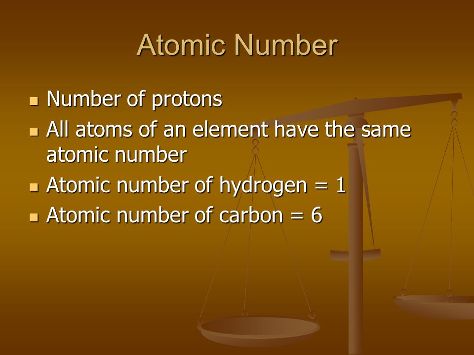 Atomic Number Number of protons Number of protons All atoms of an element have the same atomic number All atoms of an element have the same atomic number Atomic number of hydrogen = 1 Atomic number of hydrogen = 1 Atomic number of carbon = 6 Atomic number of carbon = 6