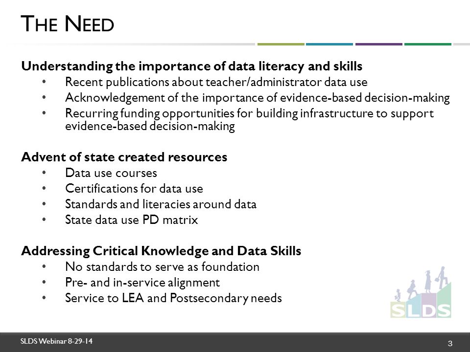 SLDS Webinar Understanding the importance of data literacy and skills Recent publications about teacher/administrator data use Acknowledgement of the importance of evidence-based decision-making Recurring funding opportunities for building infrastructure to support evidence-based decision-making Advent of state created resources Data use courses Certifications for data use Standards and literacies around data State data use PD matrix Addressing Critical Knowledge and Data Skills No standards to serve as foundation Pre- and in-service alignment Service to LEA and Postsecondary needs T HE N EED 3