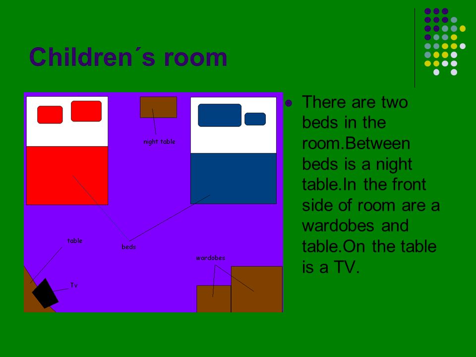 Children´s room There are two beds in the room.Between beds is a night table.In the front side of room are a wardobes and table.On the table is a TV.