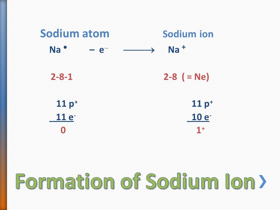 Sodium atom Sodium ion Na  – e   Na ( = Ne) 11 p + 11 p + 11 e - 10 e