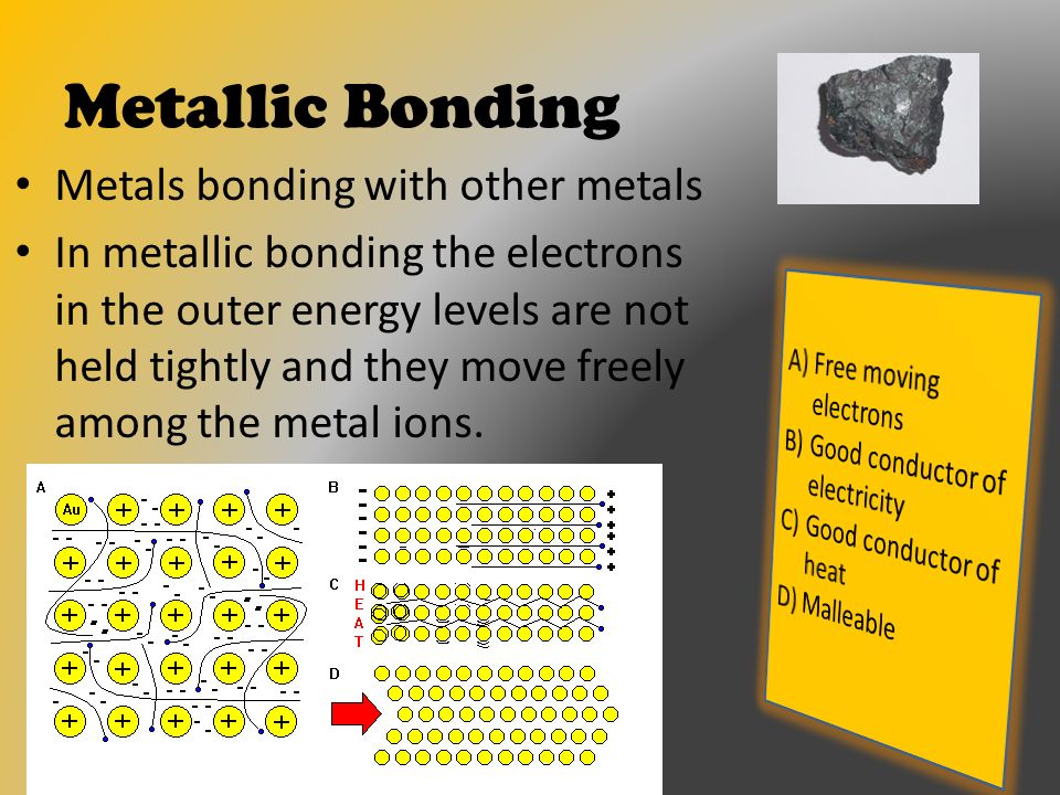 Metallic Bonding Metals bonding with other metals In metallic bonding the electrons in the outer energy levels are not held tightly and they move freely among the metal ions.