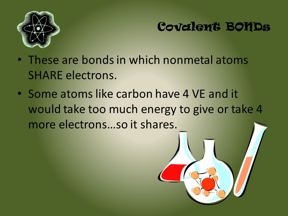 Covalent BONDs These are bonds in which nonmetal atoms SHARE electrons.