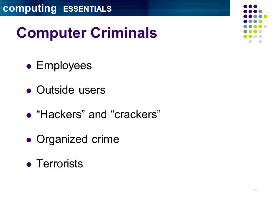 14 Computer Criminals Employees Outside users Hackers and crackers Organized crime Terrorists computing ESSENTIALS