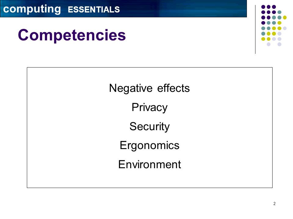 2 Competencies Negative effects Privacy Security Ergonomics Environment computing ESSENTIALS