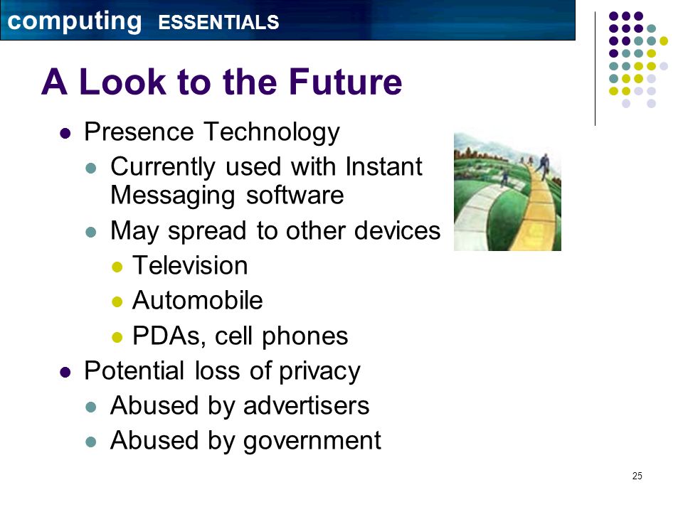 25 A Look to the Future Presence Technology Currently used with Instant Messaging software May spread to other devices Television Automobile PDAs, cell phones Potential loss of privacy Abused by advertisers Abused by government computing ESSENTIALS