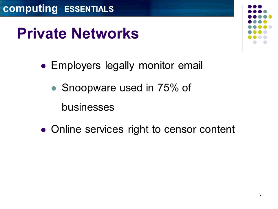 8 Private Networks Employers legally monitor  Snoopware used in 75% of businesses Online services right to censor content computing ESSENTIALS