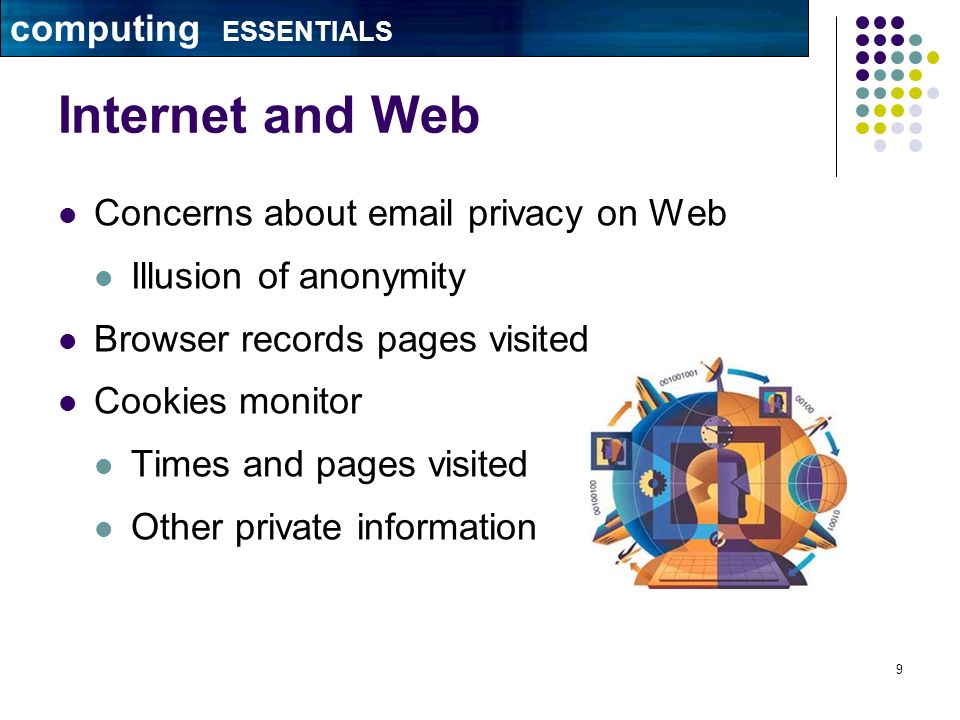 9 Internet and Web Concerns about  privacy on Web Illusion of anonymity Browser records pages visited Cookies monitor Times and pages visited Other private information computing ESSENTIALS