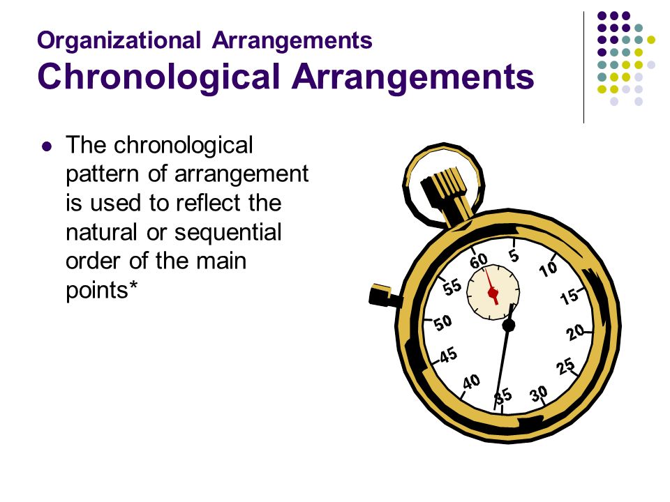 Organizational Arrangements Chronological Arrangements The chronological pattern of arrangement is used to reflect the natural or sequential order of the main points*