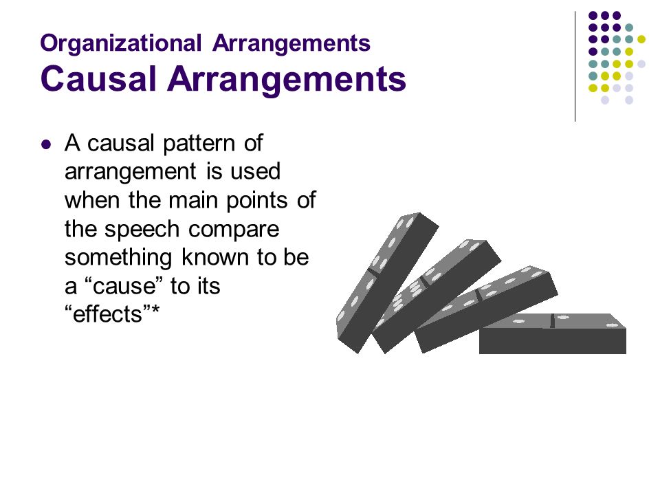 Organizational Arrangements Causal Arrangements A causal pattern of arrangement is used when the main points of the speech compare something known to be a cause to its effects *