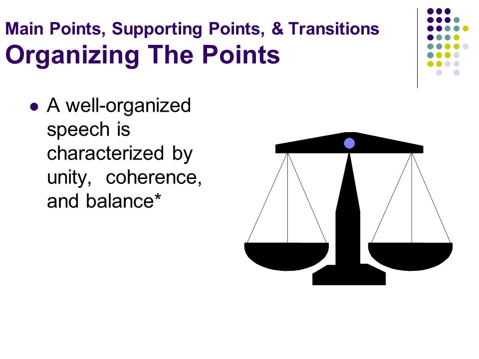 Main Points, Supporting Points, & Transitions Organizing The Points A well-organized speech is characterized by unity, coherence, and balance*