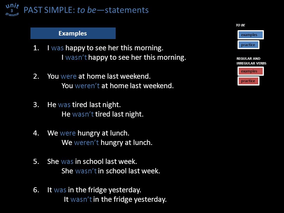 PAST SIMPLE: to be—statements 3 Examples 1.I was happy to see her this morning.