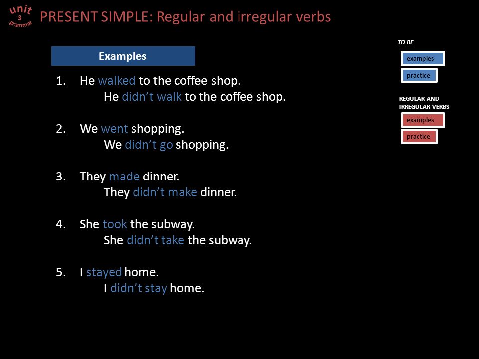 PRESENT SIMPLE: Regular and irregular verbs 3 Examples 1.He walked to the coffee shop.
