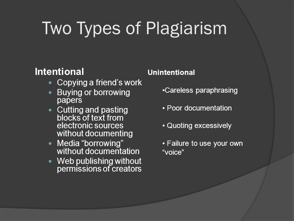 Two Types of Plagiarism Intentional Copying a friend’s work Buying or borrowing papers Cutting and pasting blocks of text from electronic sources without documenting Media borrowing without documentation Web publishing without permissions of creators Unintentional Careless paraphrasing Poor documentation Quoting excessively Failure to use your own voice