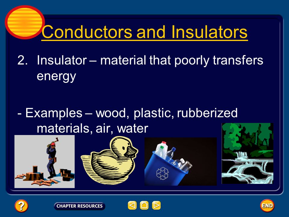 3 3 Transferring Thermal Energy Conductors and Insulators 1.Conductor – material through which energy transfers easily - Examples – metals (energy transfers between particles easily)  solids (not all solids) tend to be better conductors  gases tend to be poor conductors