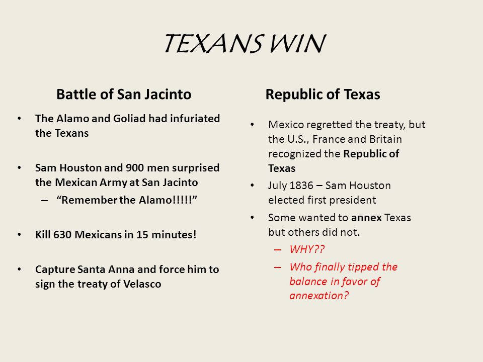 TEXANS WIN Battle of San Jacinto The Alamo and Goliad had infuriated the Texans Sam Houston and 900 men surprised the Mexican Army at San Jacinto – Remember the Alamo!!!!! Kill 630 Mexicans in 15 minutes.
