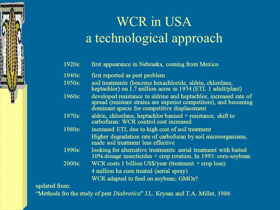 WCR in USA a technological approach 1920s: first appearance in Nebraska, coming from Mexico 1940s: first reported as pest problem 1950s: soil treatments (benzene hexachloride, aldrin, chlordane, heptachlor) on 1.7 million acres in 1954 (ETL 1 adult/plant) 1960s: developed resistance to aldrine and heptachlor, increased rate of spread (resistant strains are superior competitors), and becoming dominant specie for competitive displacement 1970s: aldrin, chlordane, heptachlor banned + resistance, shift to carbofuran: WCR control cost increased 1980s: increased ETL due to high cost of soil treatment Higher degradation rate of carbofuran by soil microorganisms, made soil treatment less effective 1990s: looking for alternative treatments: aerial treatment with baited 10% dosage insecticides + crop rotation.