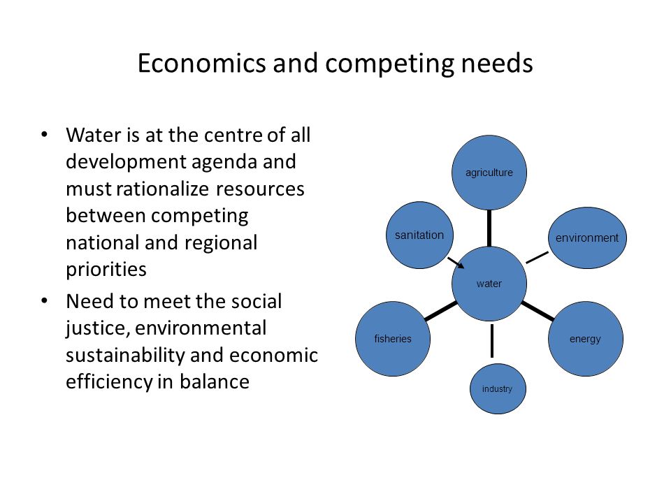 Economics and competing needs Water is at the centre of all development agenda and must rationalize resources between competing national and regional priorities Need to meet the social justice, environmental sustainability and economic efficiency in balance water agricultureenergyfisheries industry sanitation environment
