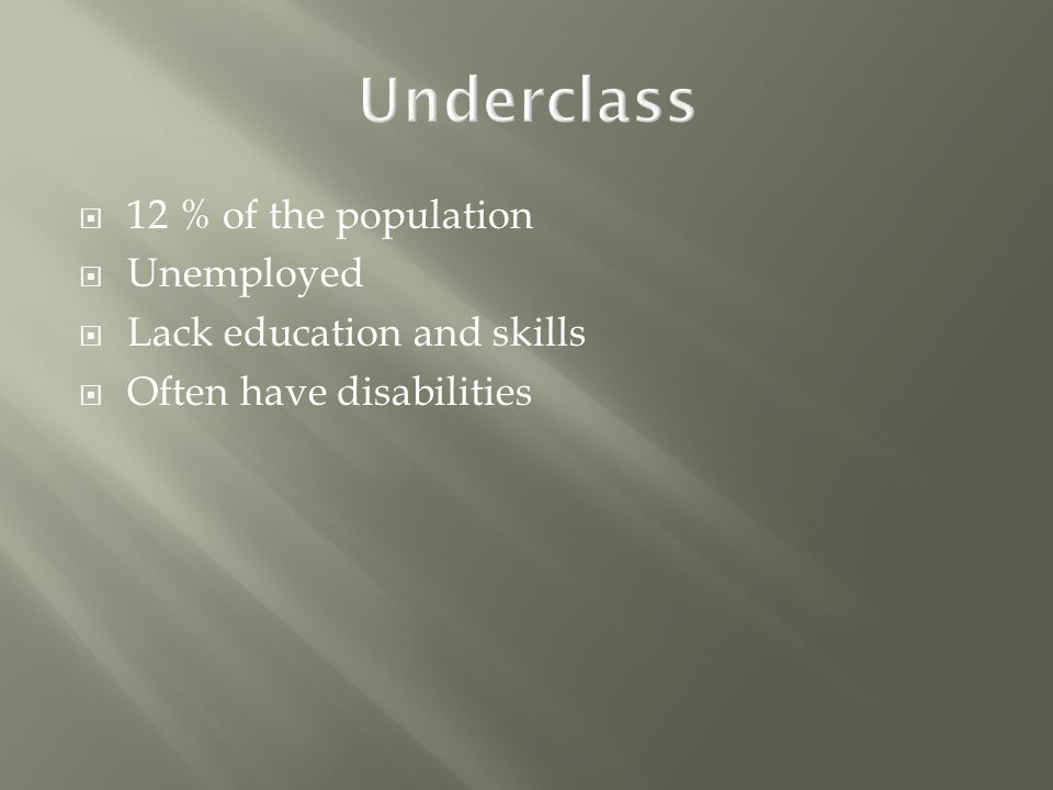  12 % of the population  Unemployed  Lack education and skills  Often have disabilities