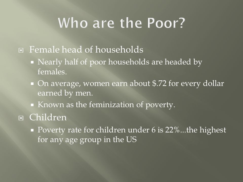  Female head of households  Nearly half of poor households are headed by females.