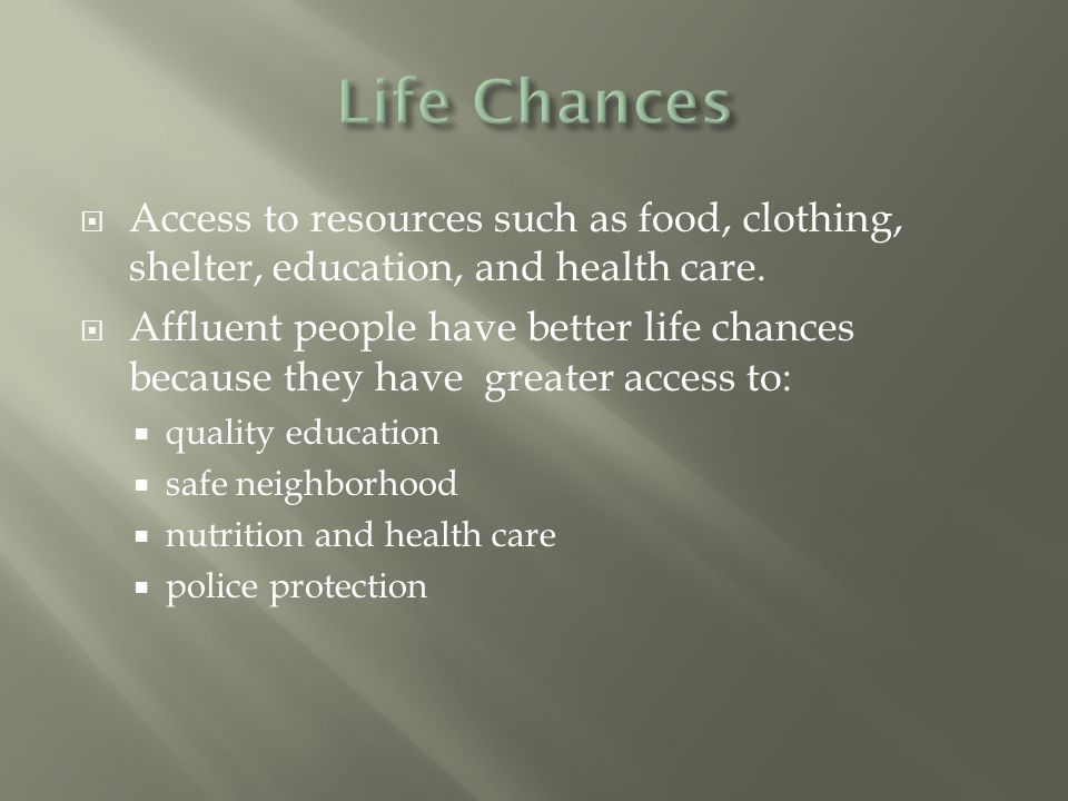  Access to resources such as food, clothing, shelter, education, and health care.