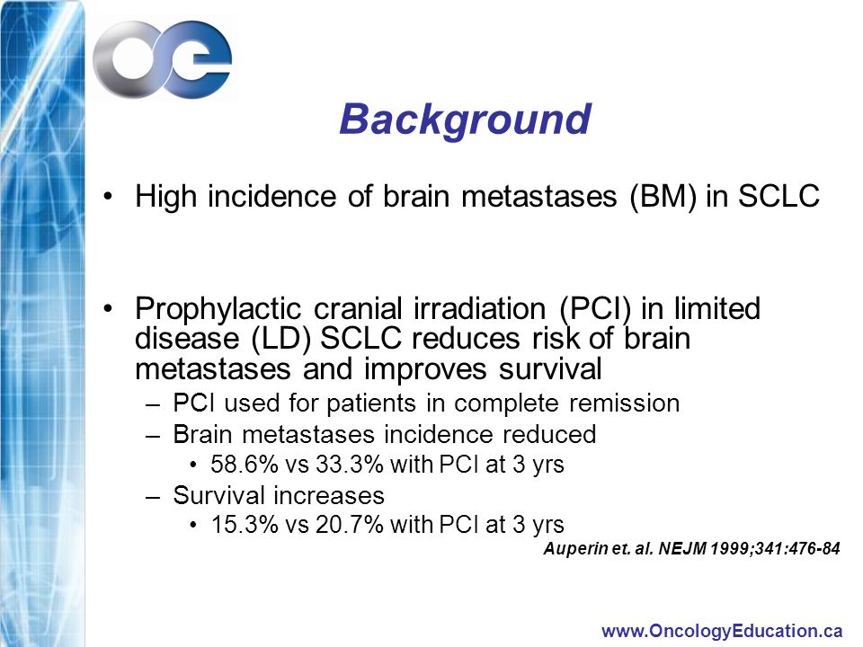 Background High incidence of brain metastases (BM) in SCLC Prophylactic cranial irradiation (PCI) in limited disease (LD) SCLC reduces risk of brain metastases and improves survival –PCI used for patients in complete remission –Brain metastases incidence reduced 58.6% vs 33.3% with PCI at 3 yrs –Survival increases 15.3% vs 20.7% with PCI at 3 yrs Auperin et.