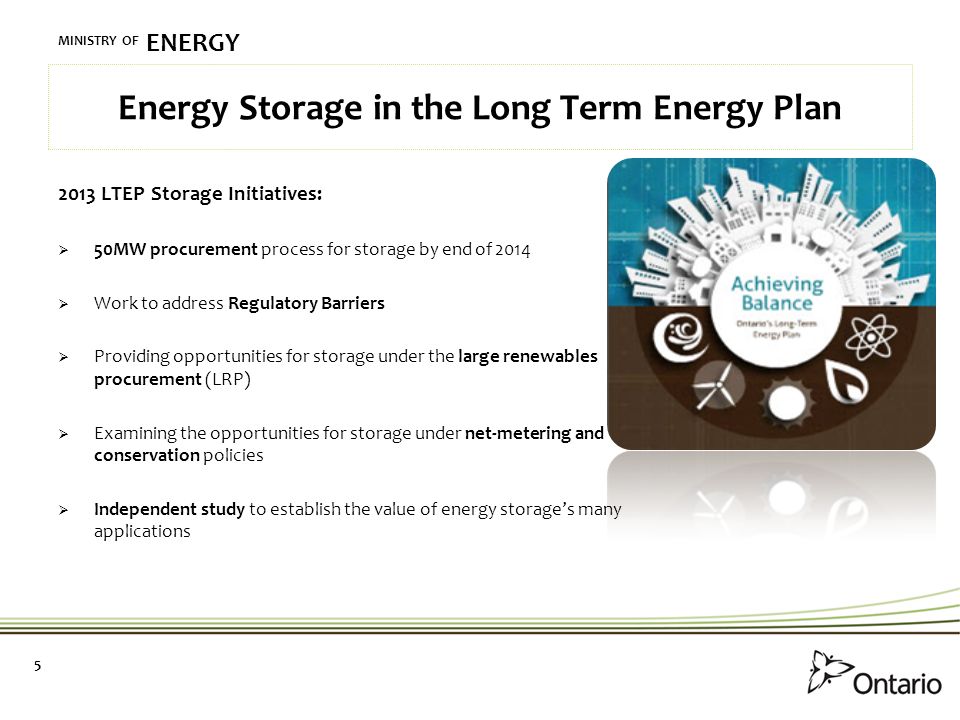 MINISTRY OF ENERGY Energy Storage in the Long Term Energy Plan LTEP Storage Initiatives:  50MW procurement process for storage by end of 2014  Work to address Regulatory Barriers  Providing opportunities for storage under the large renewables procurement (LRP)  Examining the opportunities for storage under net-metering and conservation policies  Independent study to establish the value of energy storage’s many applications