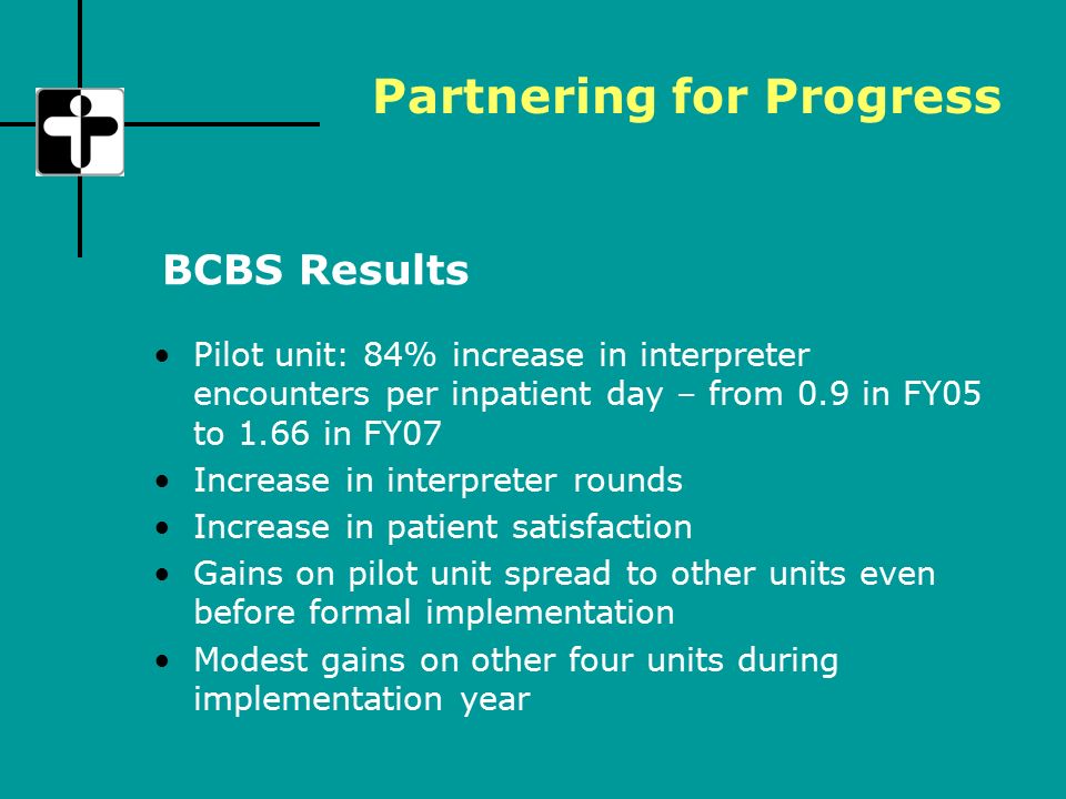 Pilot unit: 84% increase in interpreter encounters per inpatient day – from 0.9 in FY05 to 1.66 in FY07 Increase in interpreter rounds Increase in patient satisfaction Gains on pilot unit spread to other units even before formal implementation Modest gains on other four units during implementation year BCBS Results Partnering for Progress