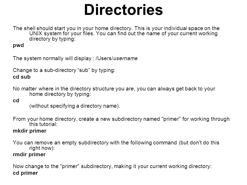 Directories The shell should start you in your home directory.