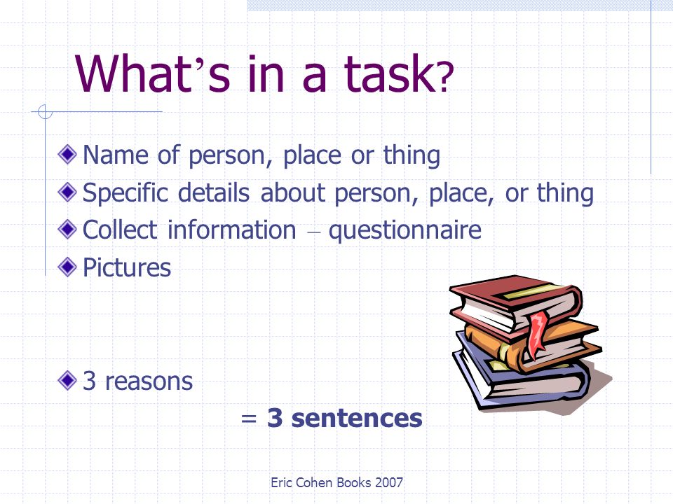 Eric Cohen Books 2007 What ’ s in a task .