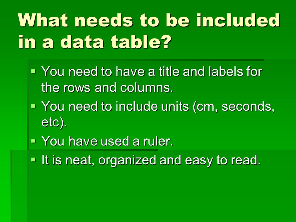 What needs to be included in a data table.