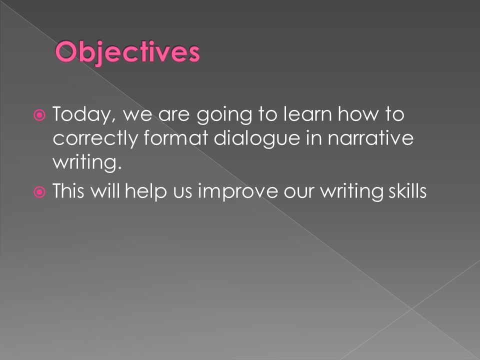  Today, we are going to learn how to correctly format dialogue in narrative writing.