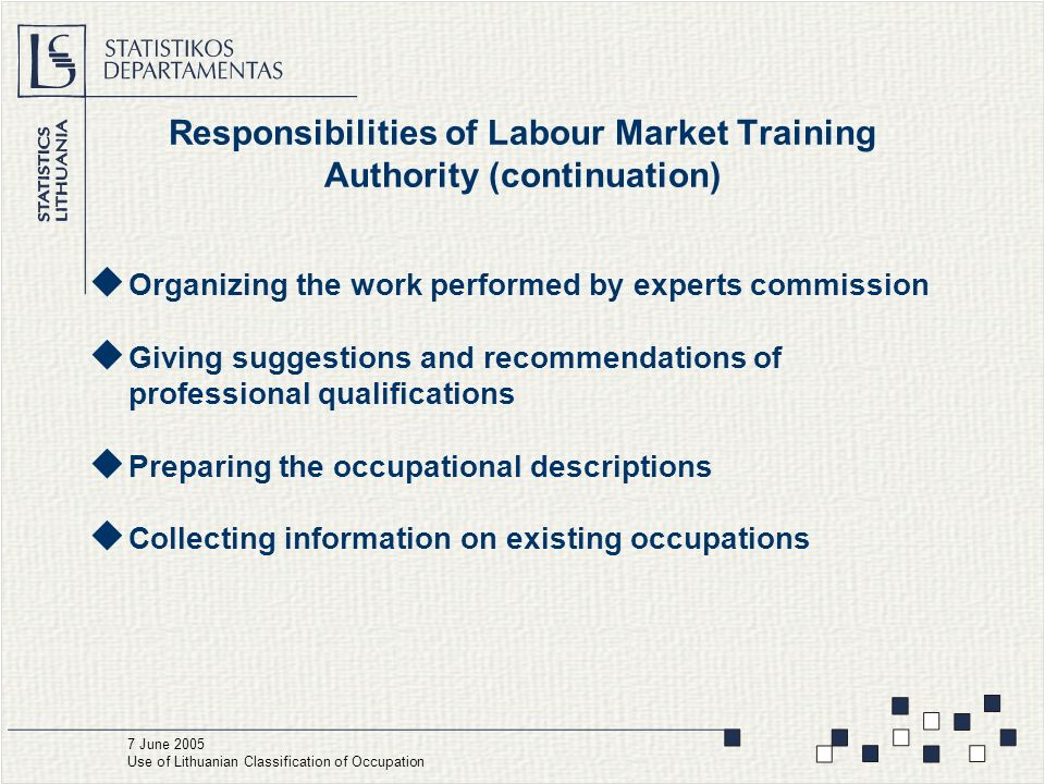 Responsibilities of Labour Market Training Authority (continuation)  Organizing the work performed by experts commission  Giving suggestions and recommendations of professional qualifications  Preparing the occupational descriptions  Collecting information on existing occupations 7 June 2005 Use of Lithuanian Classification of Occupation