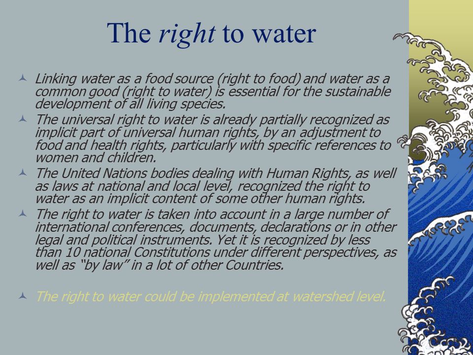 The right to water Linking water as a food source (right to food) and water as a common good (right to water) is essential for the sustainable development of all living species.