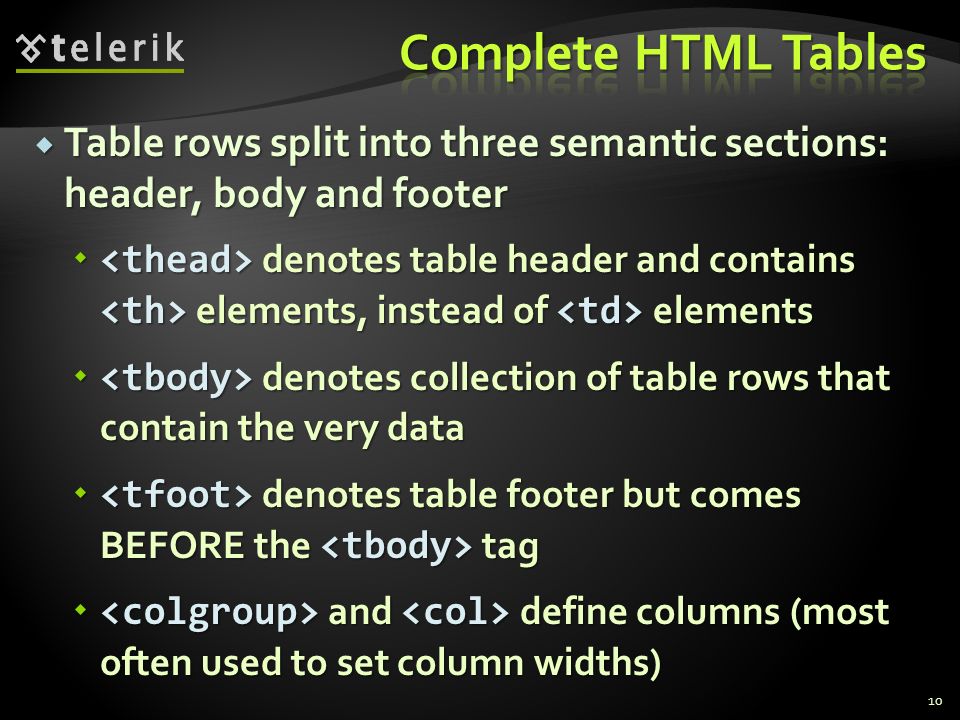  Table rows split into three semantic sections: header, body and footer  denotes table header and contains elements, instead of elements  denotes collection of table rows that contain the very data  denotes table footer but comes BEFORE the tag  and define columns (most often used to set column widths) 10