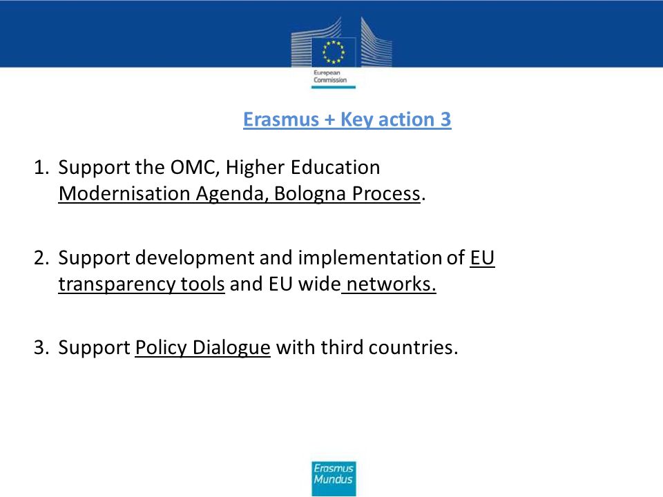 Erasmus + Key action 3 1.Support the OMC, Higher Education Modernisation Agenda, Bologna Process.