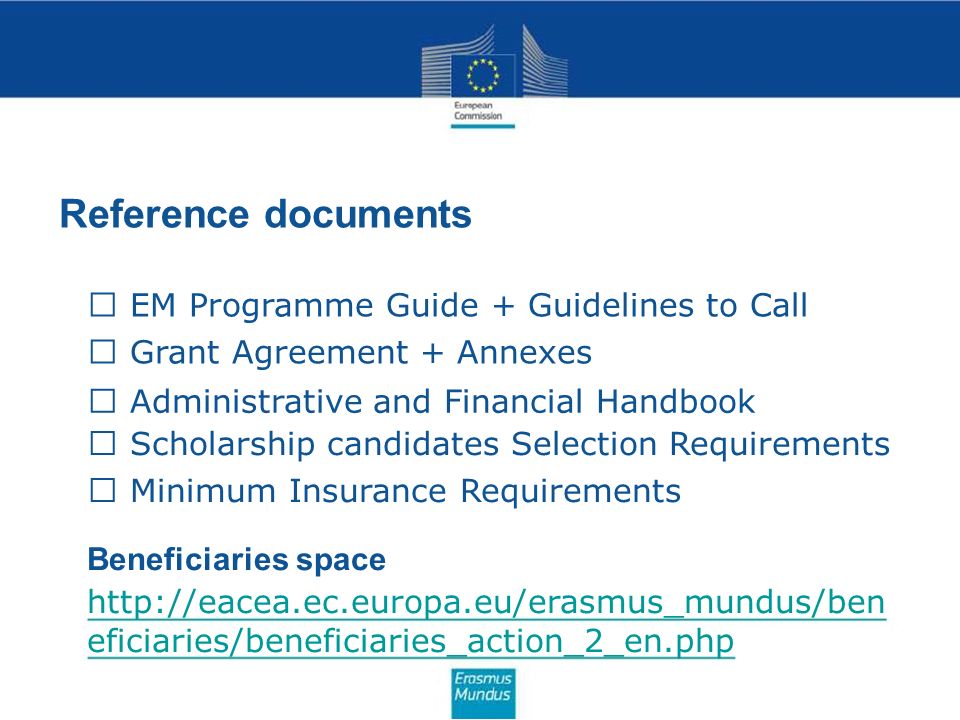 Reference documents EM Programme Guide + Guidelines to Call Grant Agreement + Annexes Administrative and Financial Handbook Scholarship candidates Selection Requirements Minimum Insurance Requirements Beneficiaries space   eficiaries/beneficiaries_action_2_en.php