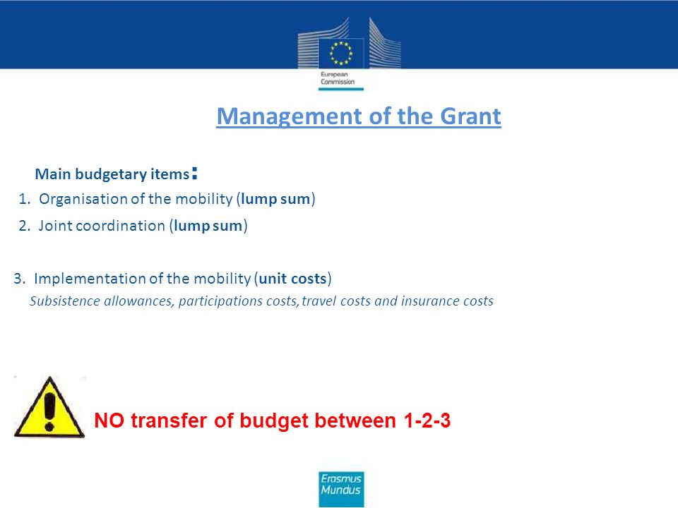 Management of the Grant Main budgetary items : 1. Organisation of the mobility (lump sum) 2.
