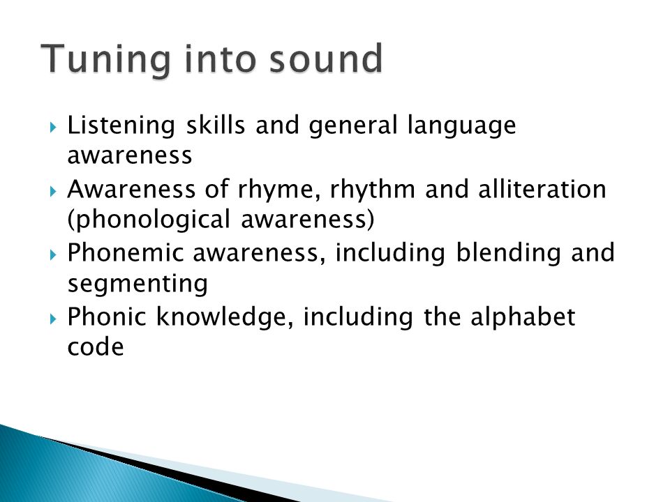  Listening skills and general language awareness  Awareness of rhyme, rhythm and alliteration (phonological awareness)  Phonemic awareness, including blending and segmenting  Phonic knowledge, including the alphabet code